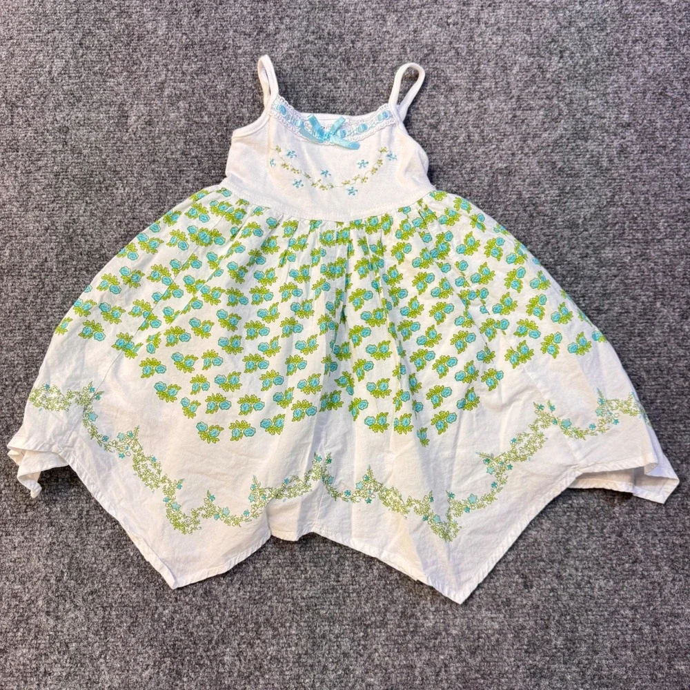 BlueBeri Boulevard Floral Handkerchief Dress Kids 2T White Blue Cottagecore Boho